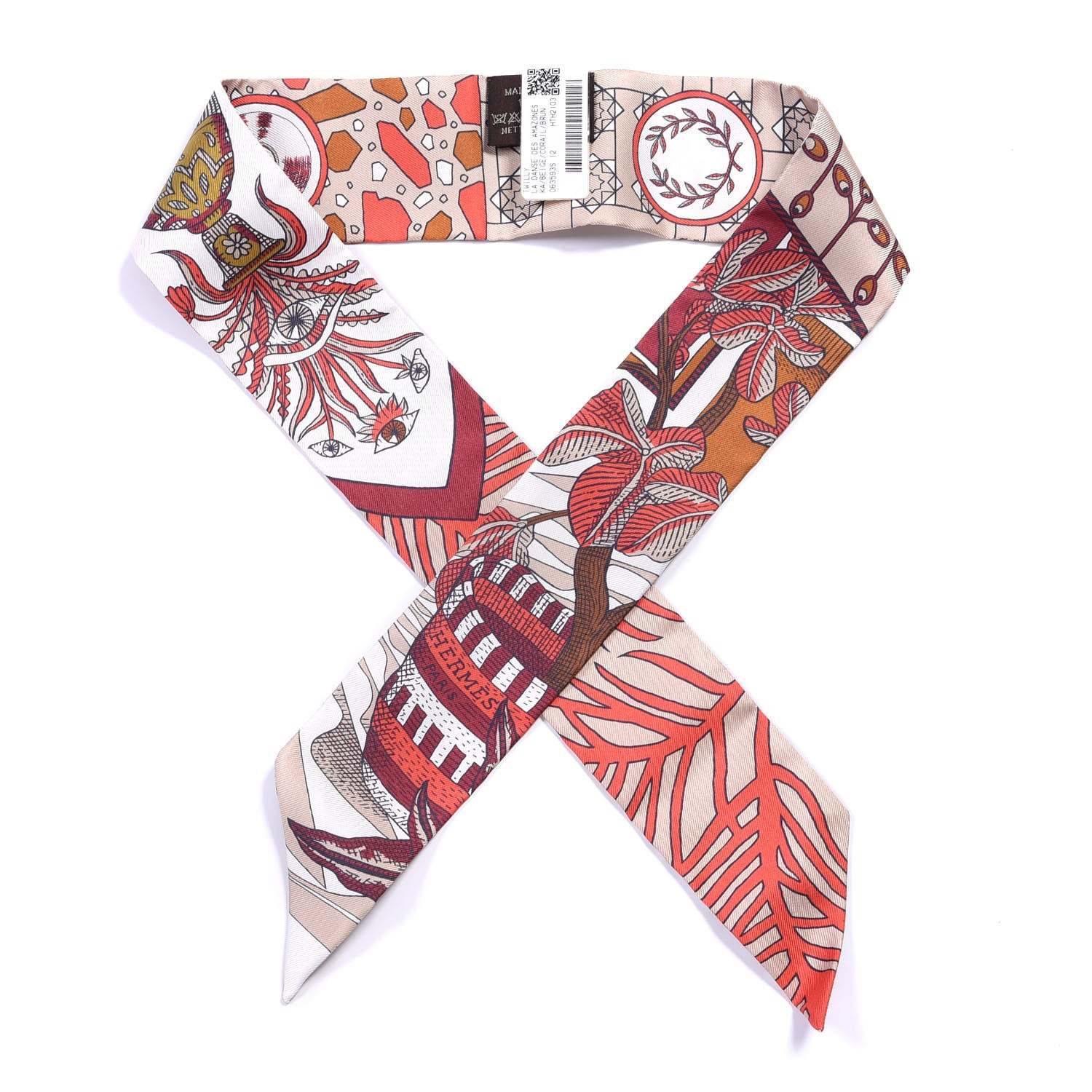 Hermes Silk La Danse Des Amazones Twilly Beige Corail Brun 1 of 4