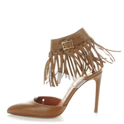 Valentino Garavani Grained Calfskin C Rockee Fringe Ankle Wrap Pumps 36 Light Cuir 1 of 9