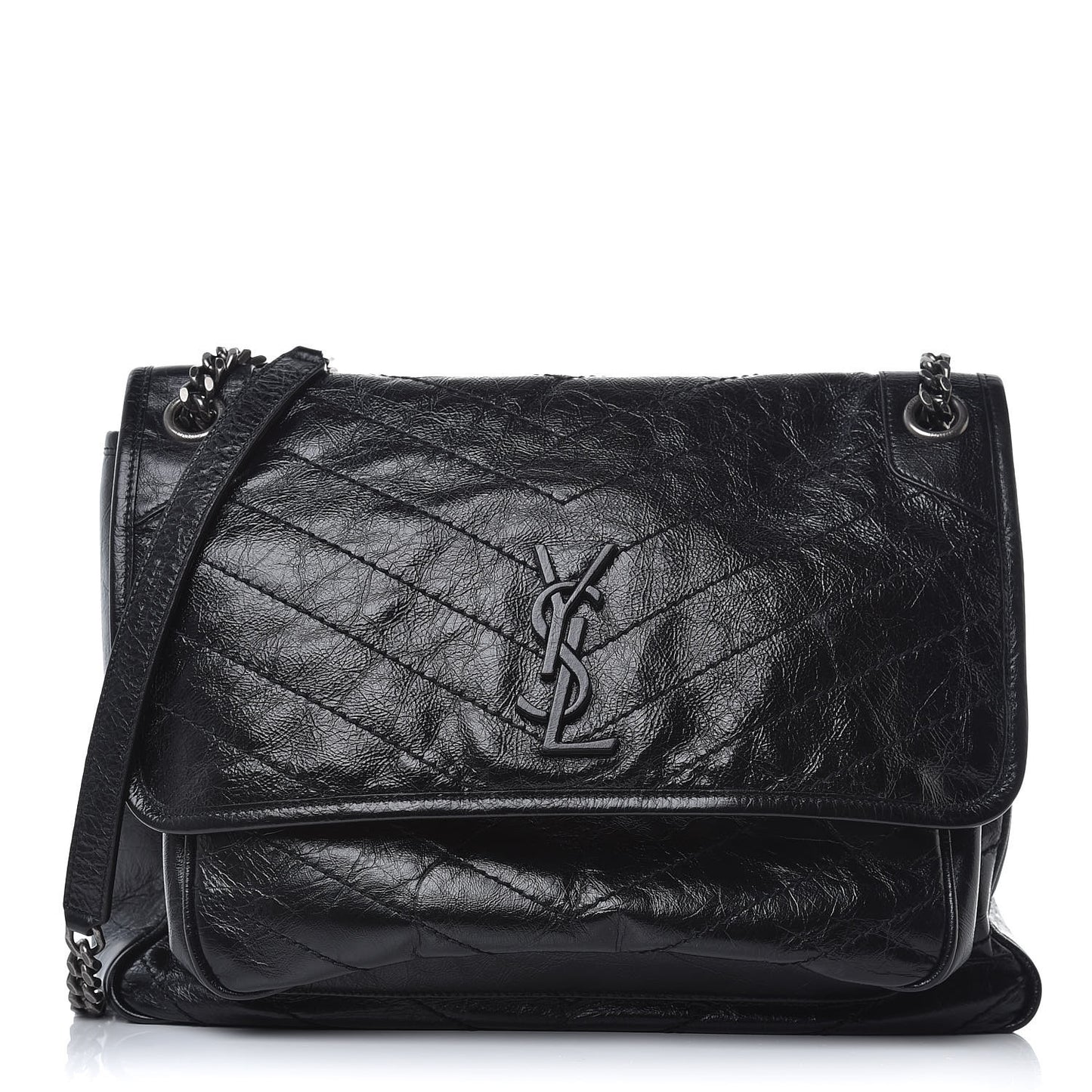 Crinkled Calfskin Matelasse Monogram Large Niki Chain Satchel Black