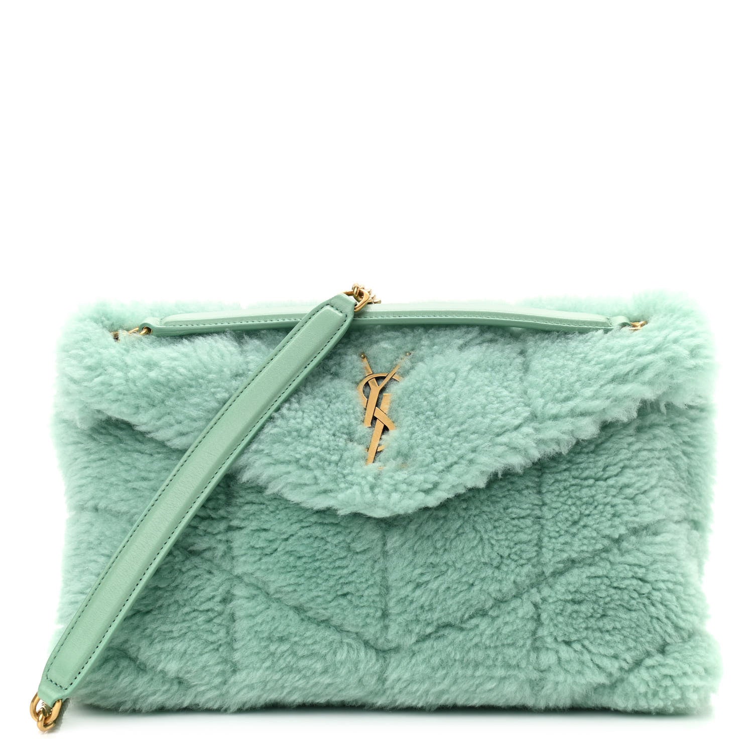 Saint Laurent Merino Shearling Lambskin Quilted Small Loulou Puffer Monogram Chain Satchel Iced Mint 1 of 9
