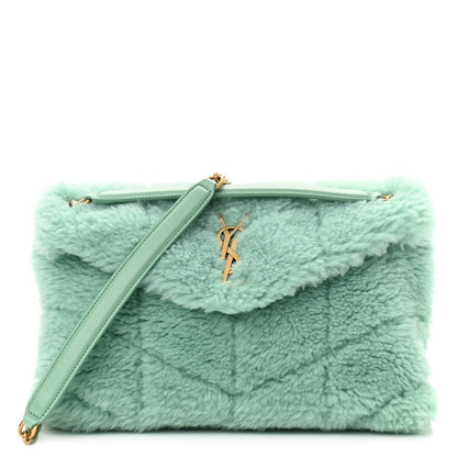 Saint Laurent Merino Shearling Lambskin Quilted Small Loulou Puffer Monogram Chain Satchel Iced Mint 1 of 9