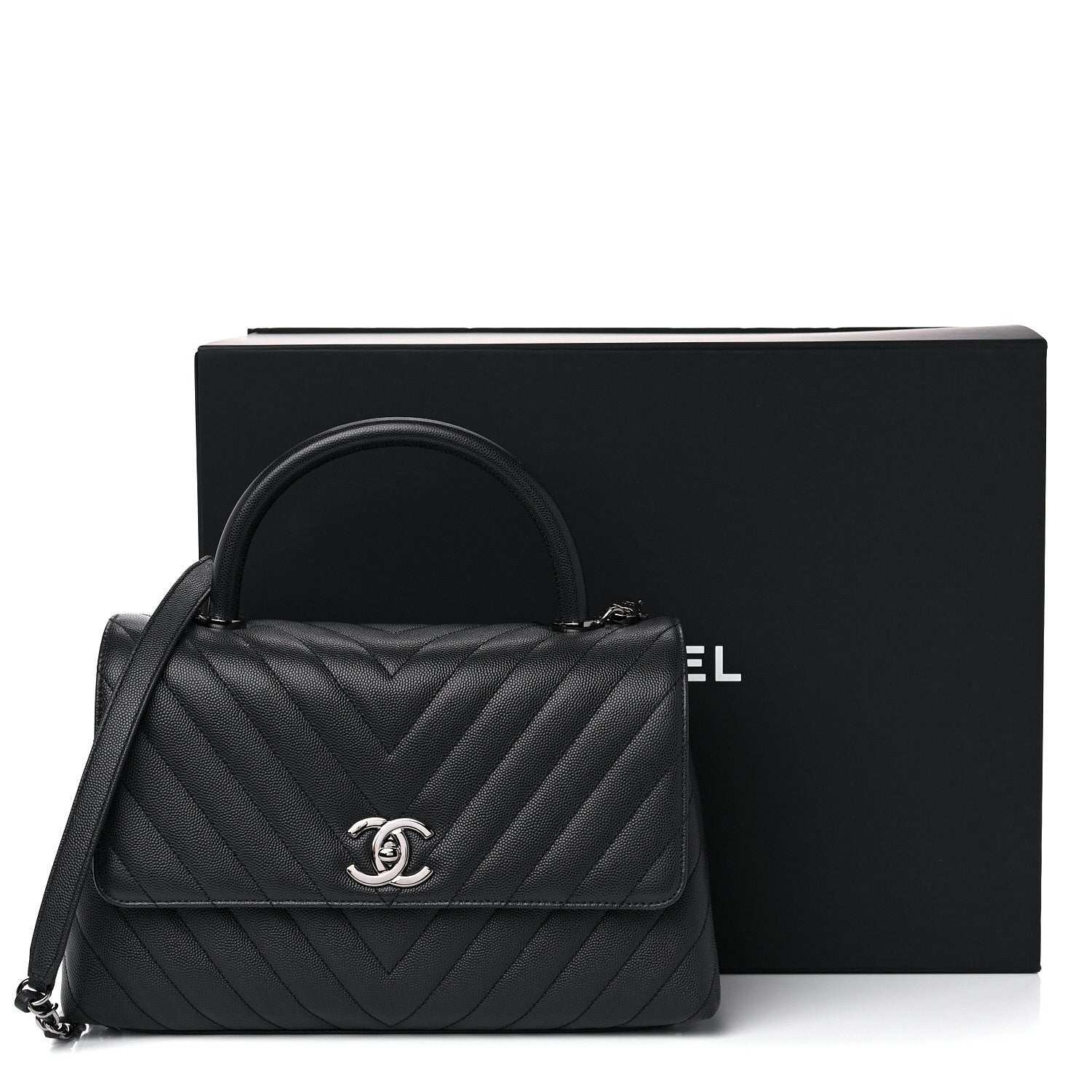 Chanel Caviar Chevron Quilted Small Coco Handle Flap Dark Grey 9 of 9
