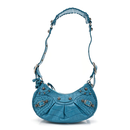 Balenciaga Extra Supple Calfskin Crocodile Embossed Le Cagole Shoulder Bag XS Cyan 1 of 12