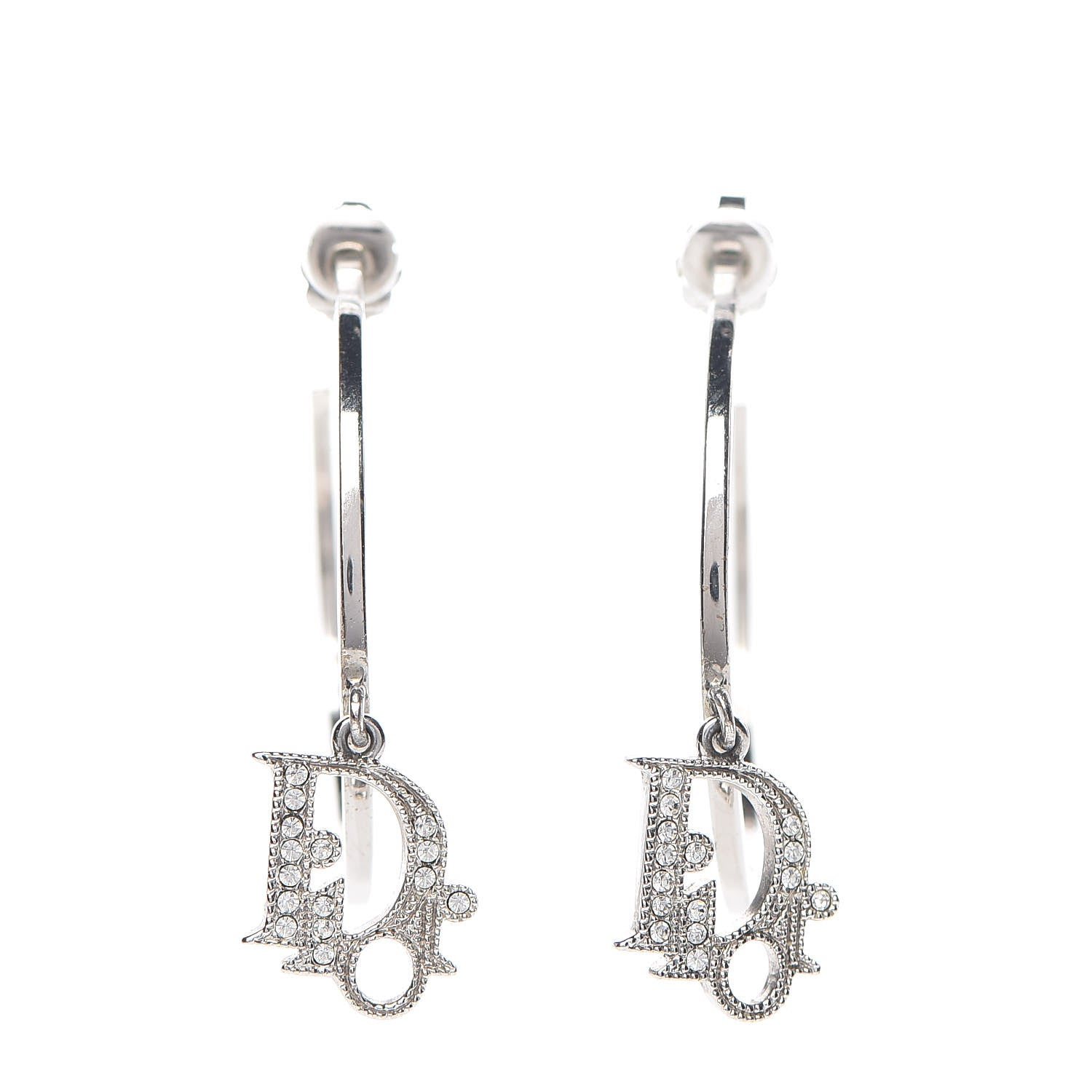 Christian Dior Crystal Logo Hoop Earrings Silver 1 of 4