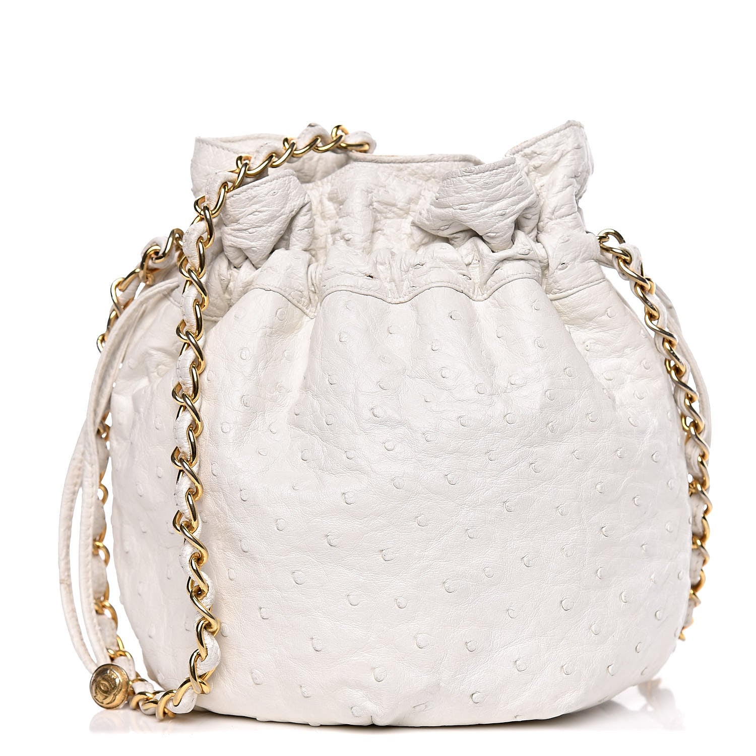 Chanel Ostrich Drawstring Pouch Bag White 1 of 18