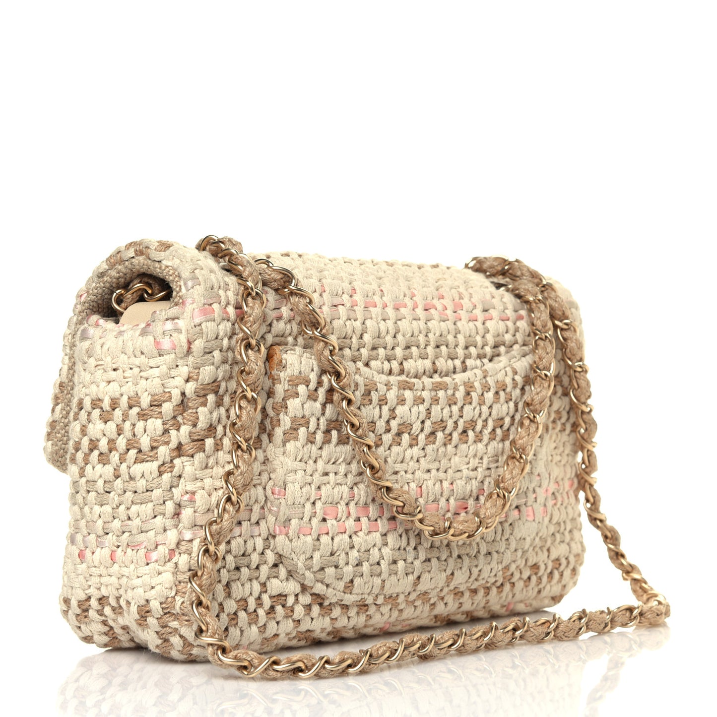 Tweed Chain Braid Small Single Flap Beige White