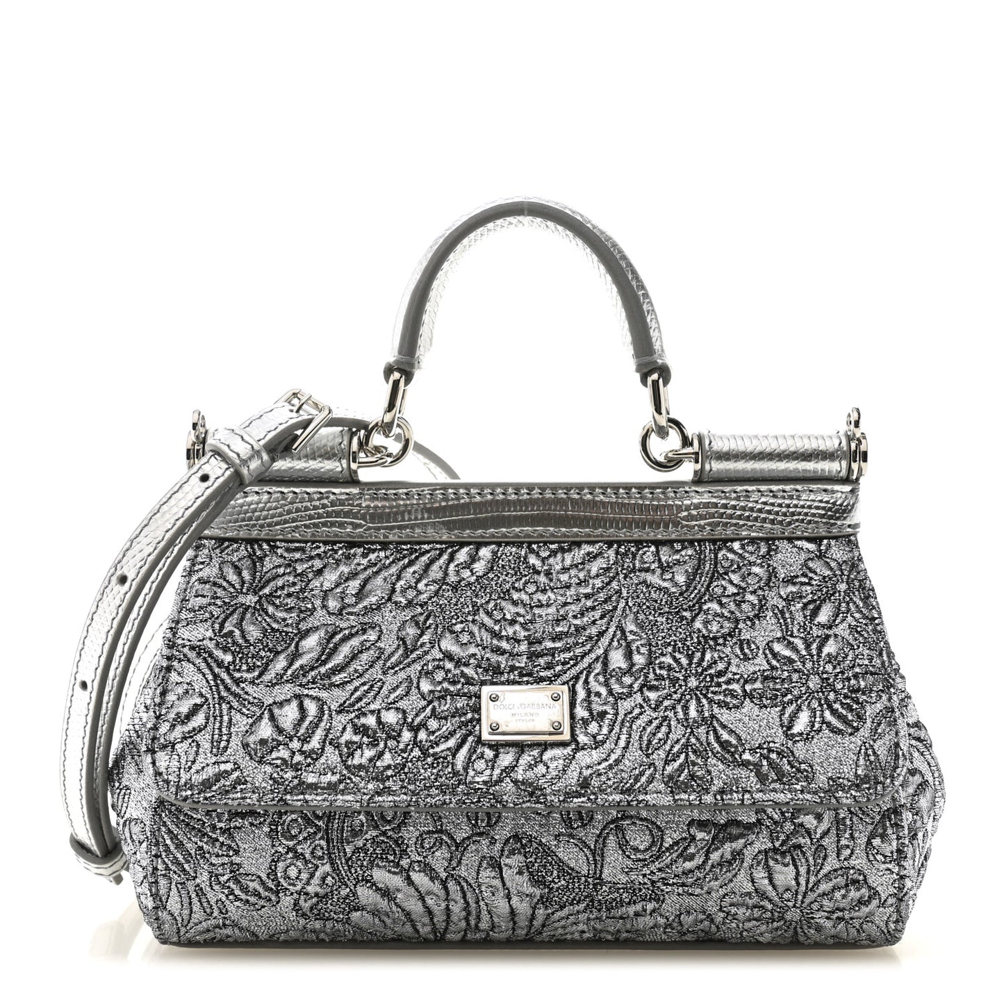 Brocade Fabric Lizard Calfskin Embossed Small Miss Sicily Satchel Silver