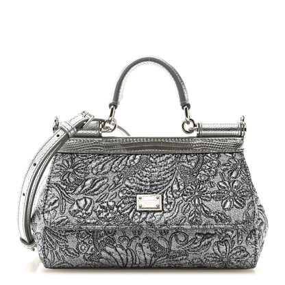 Dolce & Gabbana Brocade Fabric Lizard Calfskin Embossed Small Miss Sicily Satchel Silver 1 of 19