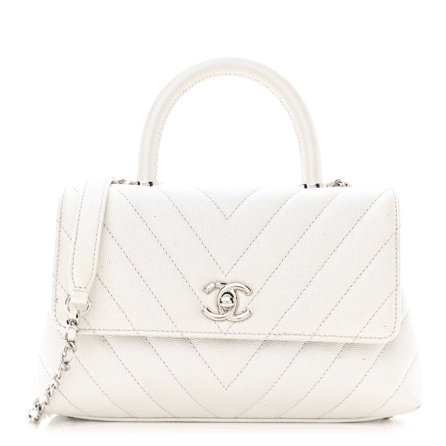 Iridescent Caviar Chevron Quilted Mini Coco Handle Flap White