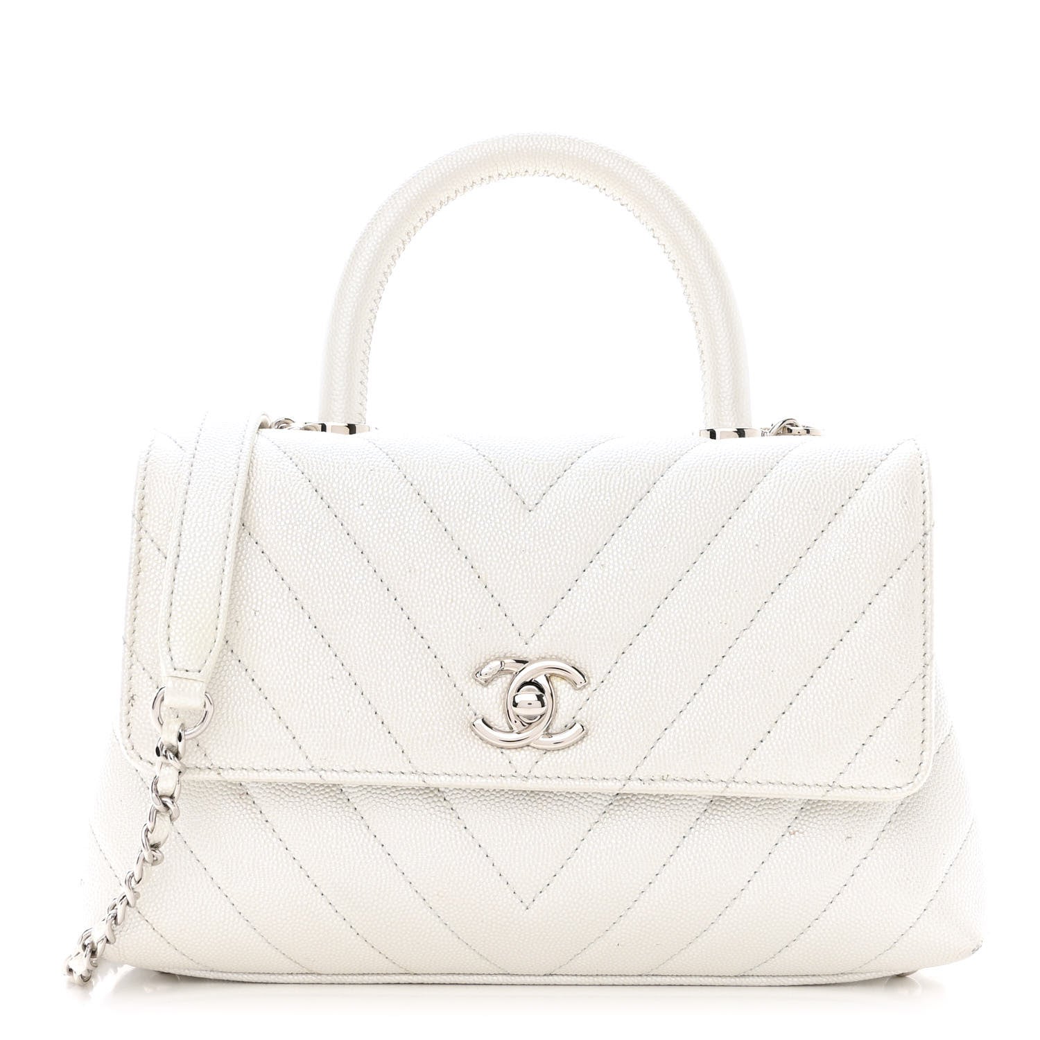 Chanel Iridescent Caviar Chevron Quilted Mini Coco Handle Flap White 1 of 17