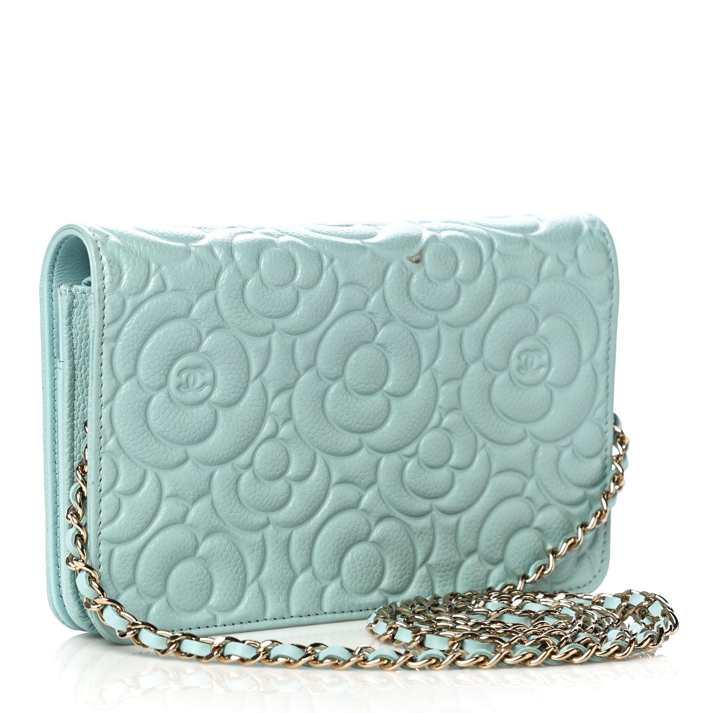 Caviar Camellia Embossed Wallet On Chain WOC Light Blue