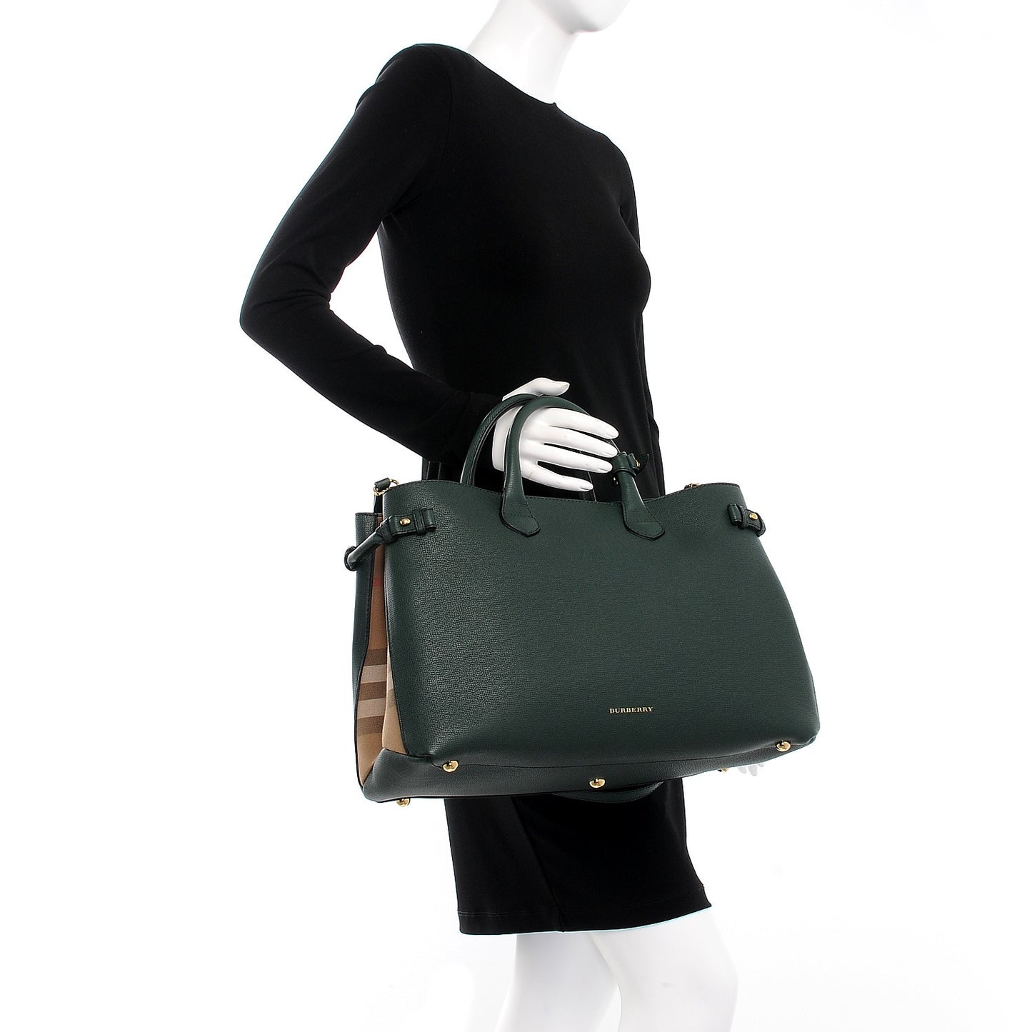 Grainy Calfskin House Check Large Banner Tote Dark Bottle Green