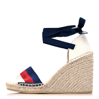 Gucci Canvas Sylvie Web Ankle Wrap Espadrille Wedge Sandals 36 Mystic White Hibiscus Red Maritime 1 of 12
