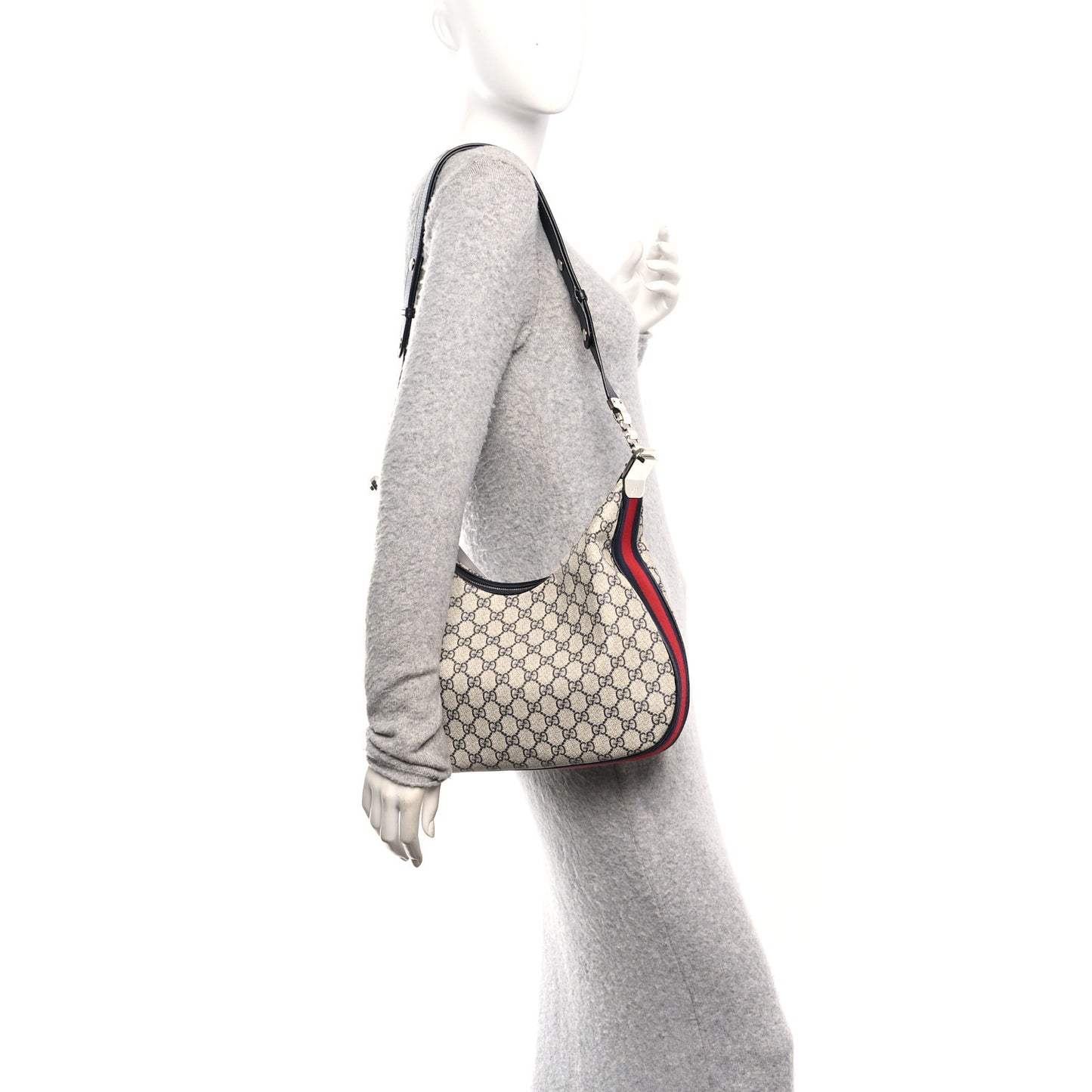 GG Supreme Monogram Textured Calfskin Web Large Attache Shoulder Bag Beige Blue