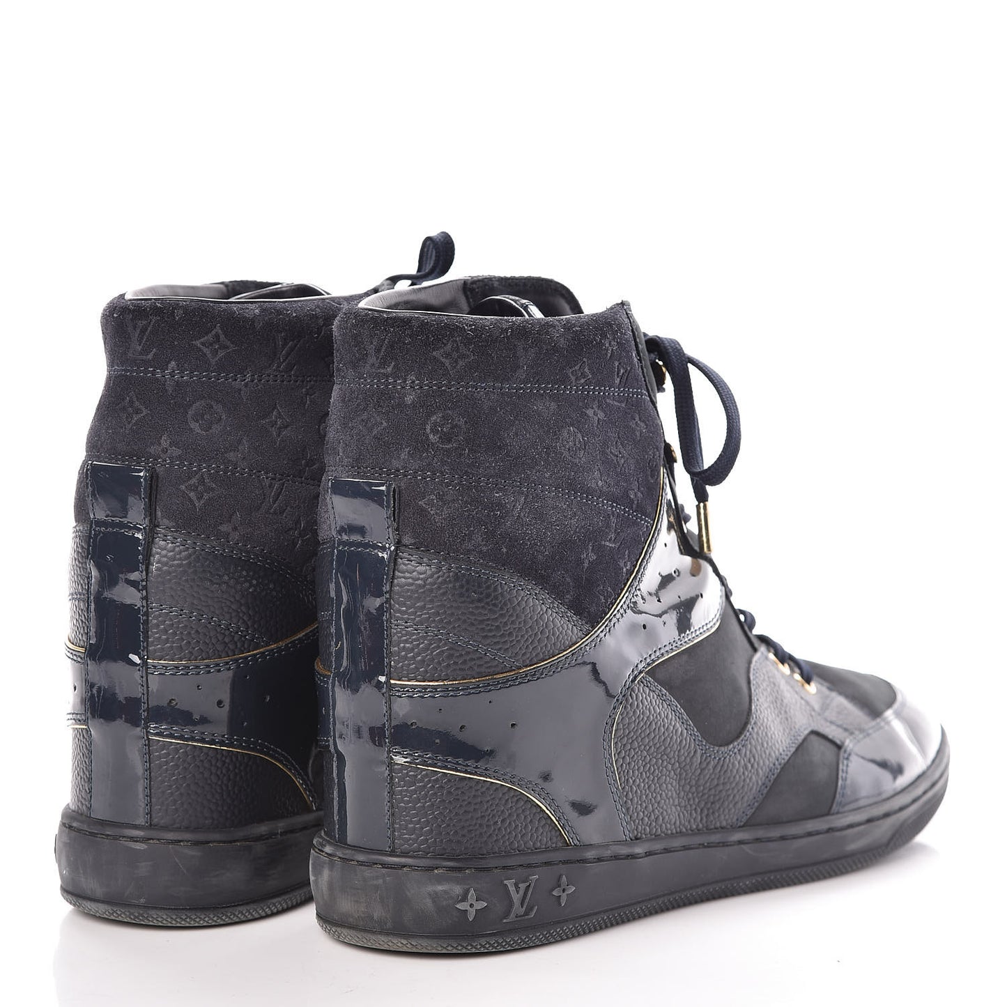 Calfskin Patent Suede Monogram Cliff Top Wedge Sneakers 41Navy