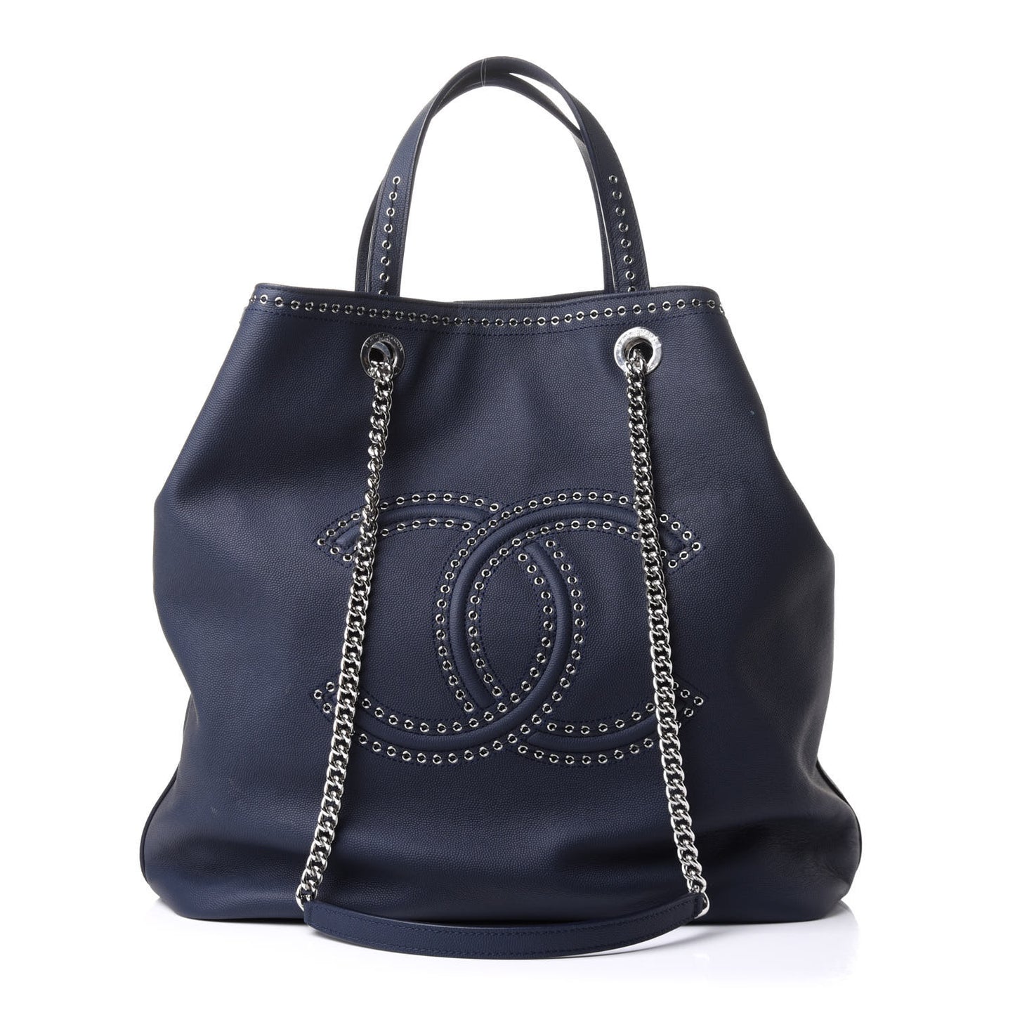 Grained Calfskin Large Coco Eyelets Shopping Tote Navy