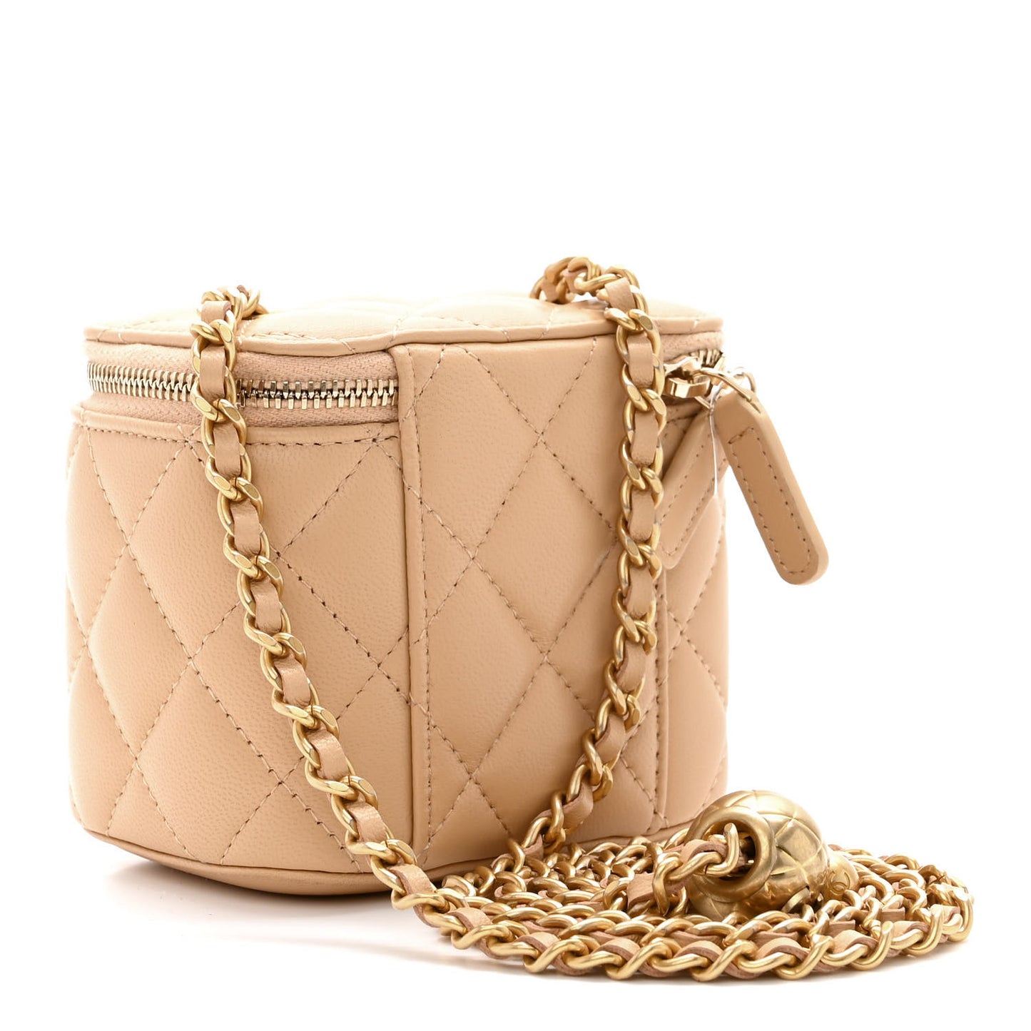 Lambskin Quilted Pearl Crush Mini Vanity Case With Chain Beige