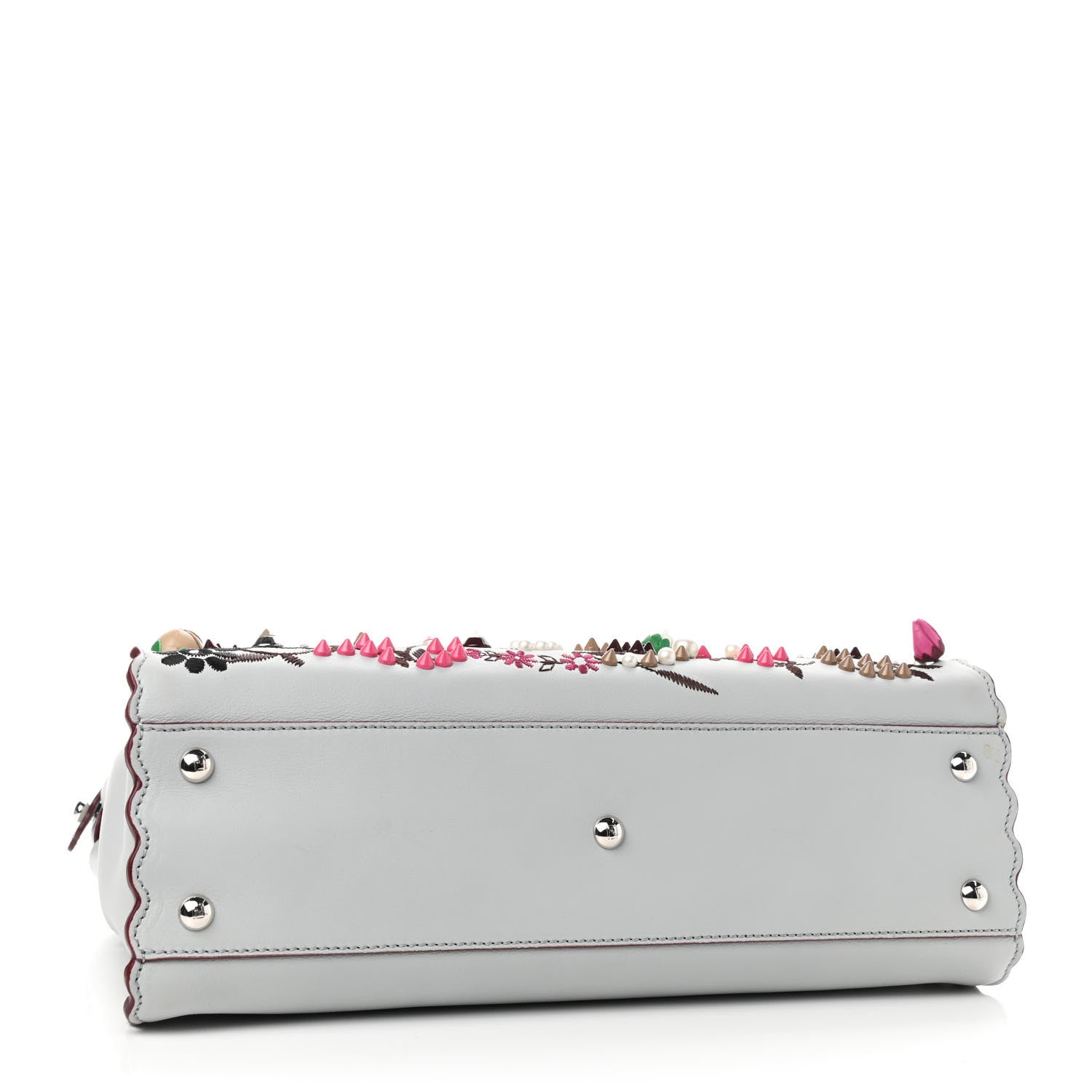 Fendi Vitello Seta Shiny Nappa Pearl Scalloped Studded Floral Embroidered Medium Peekaboo Iconic Satchel Grigio Perla Multicolor 4 of 11