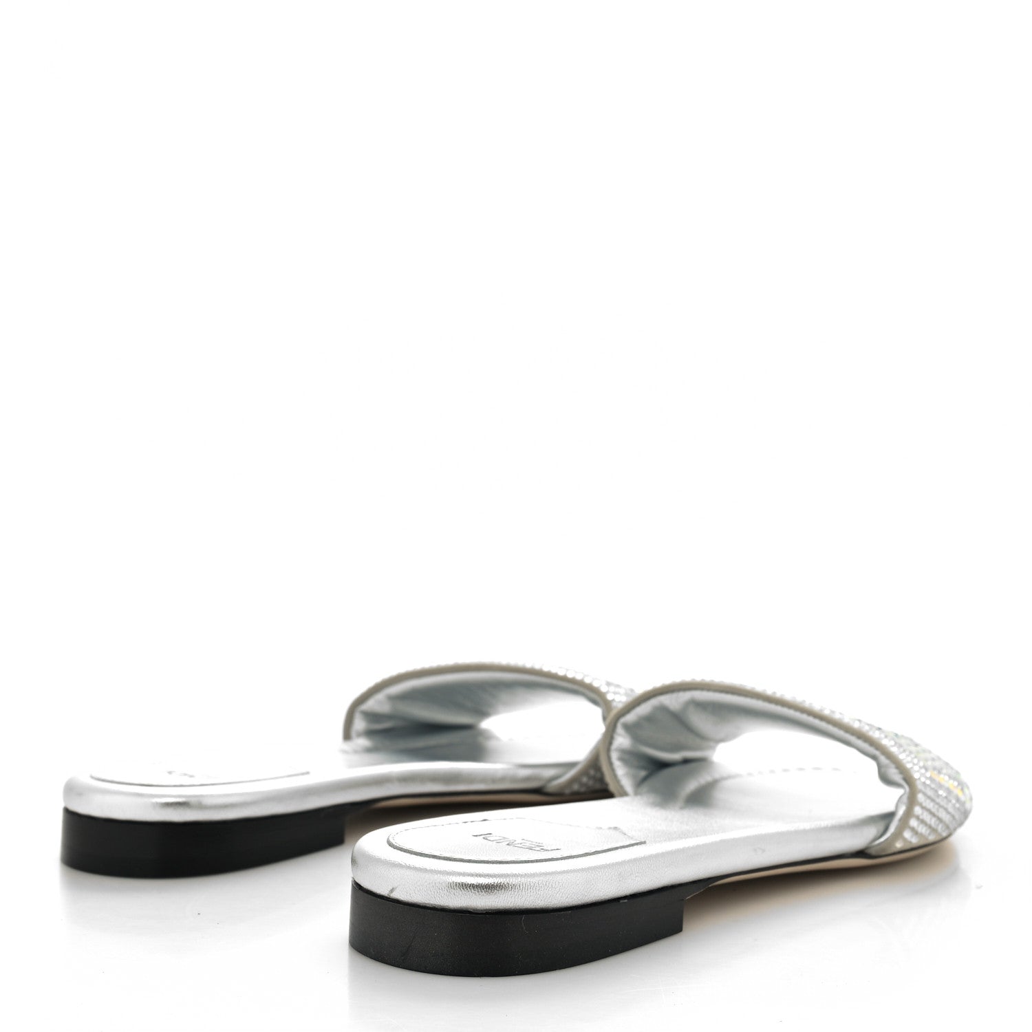 Fendi Laminated Goatskin Baguette Crystal Embroidered Signature Flat Slide Sandals 38 Silver 4 of 7