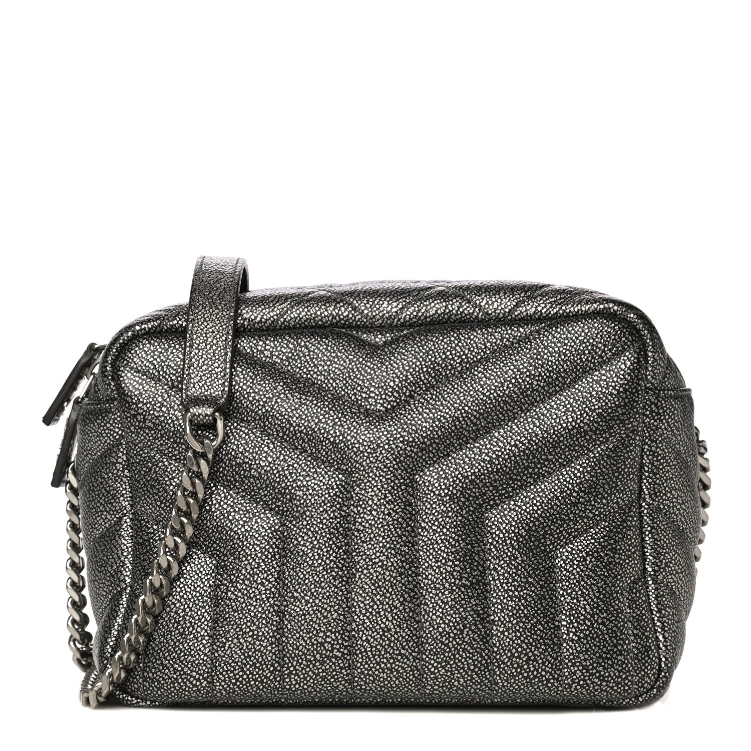 Saint Laurent Metallic Grain De Poudre Y Quilted Monogram Small Loulou Bowling Bag Gun Metal 1 of 16