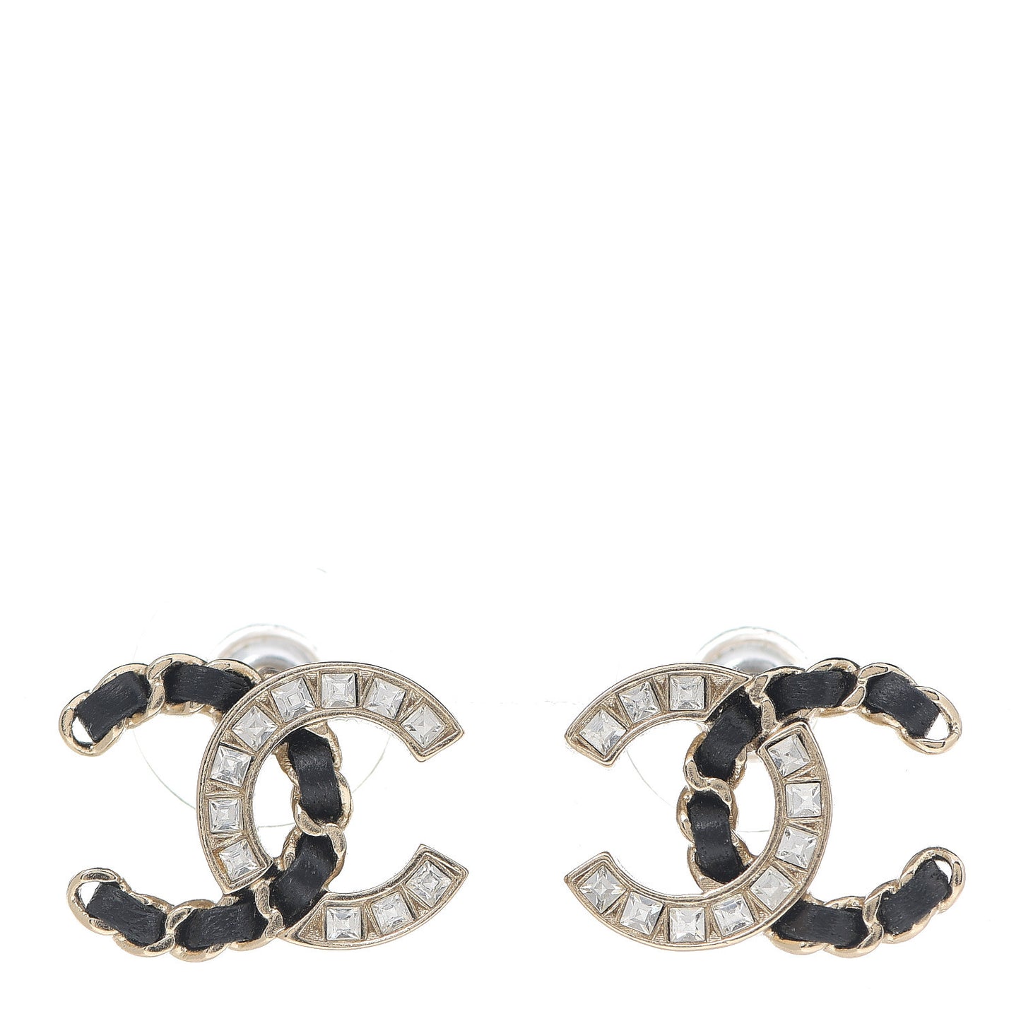 Crystal Baguette Lambskin Chain CC Vintage Allure Stud Earrings Black Gold