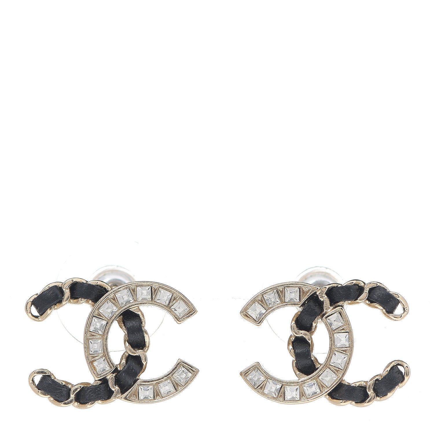 Chanel Crystal Baguette Lambskin Chain CC Vintage Allure Stud Earrings Black Gold 1 of 3