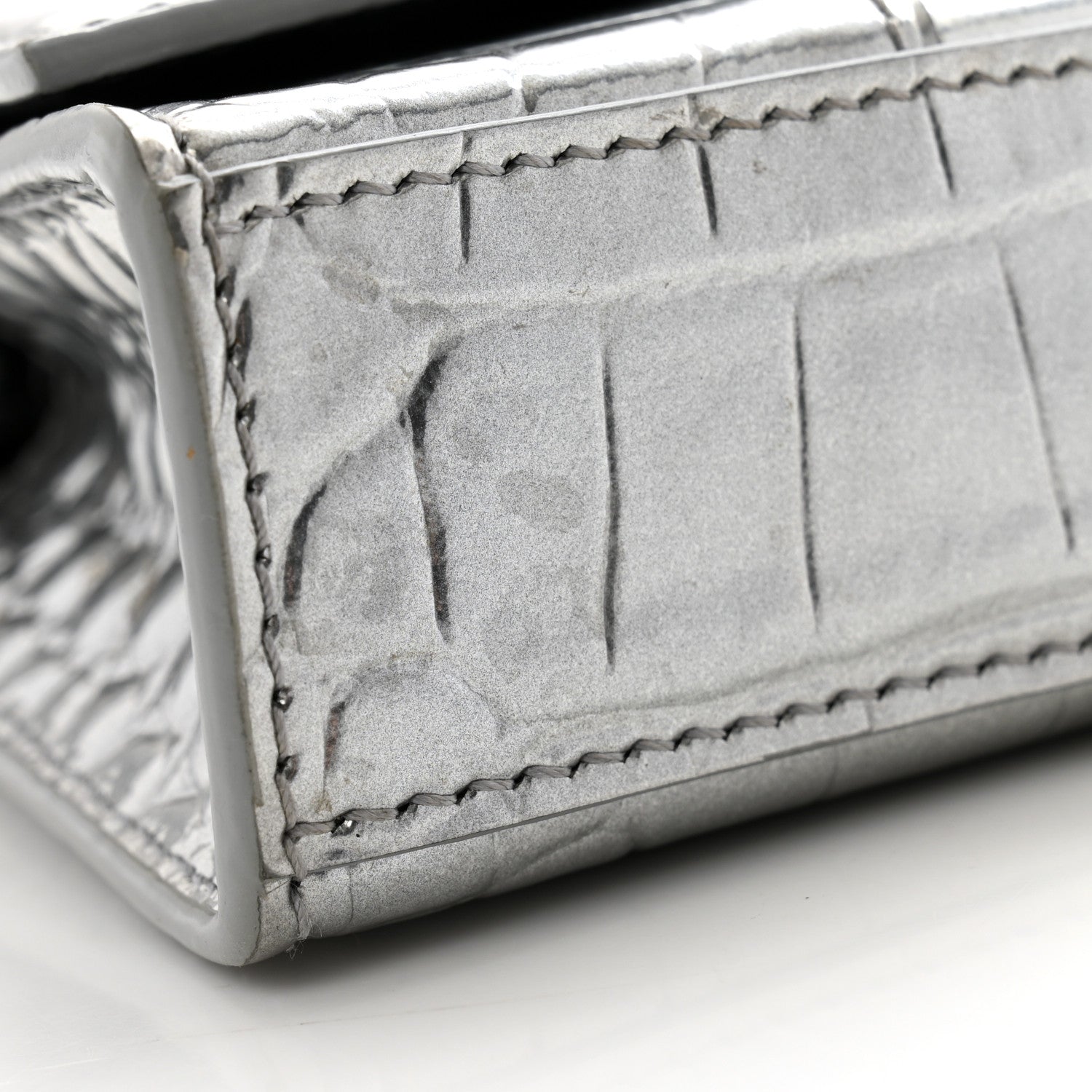 Balenciaga Shiny Calfskin Crocodile Embossed Hourglass Chain Bag Silver 10 of 12