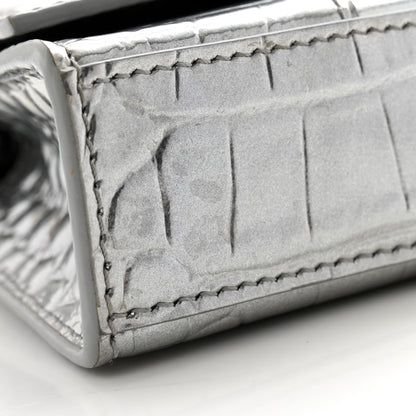 Balenciaga Shiny Calfskin Crocodile Embossed Hourglass Chain Bag Silver 10 of 12