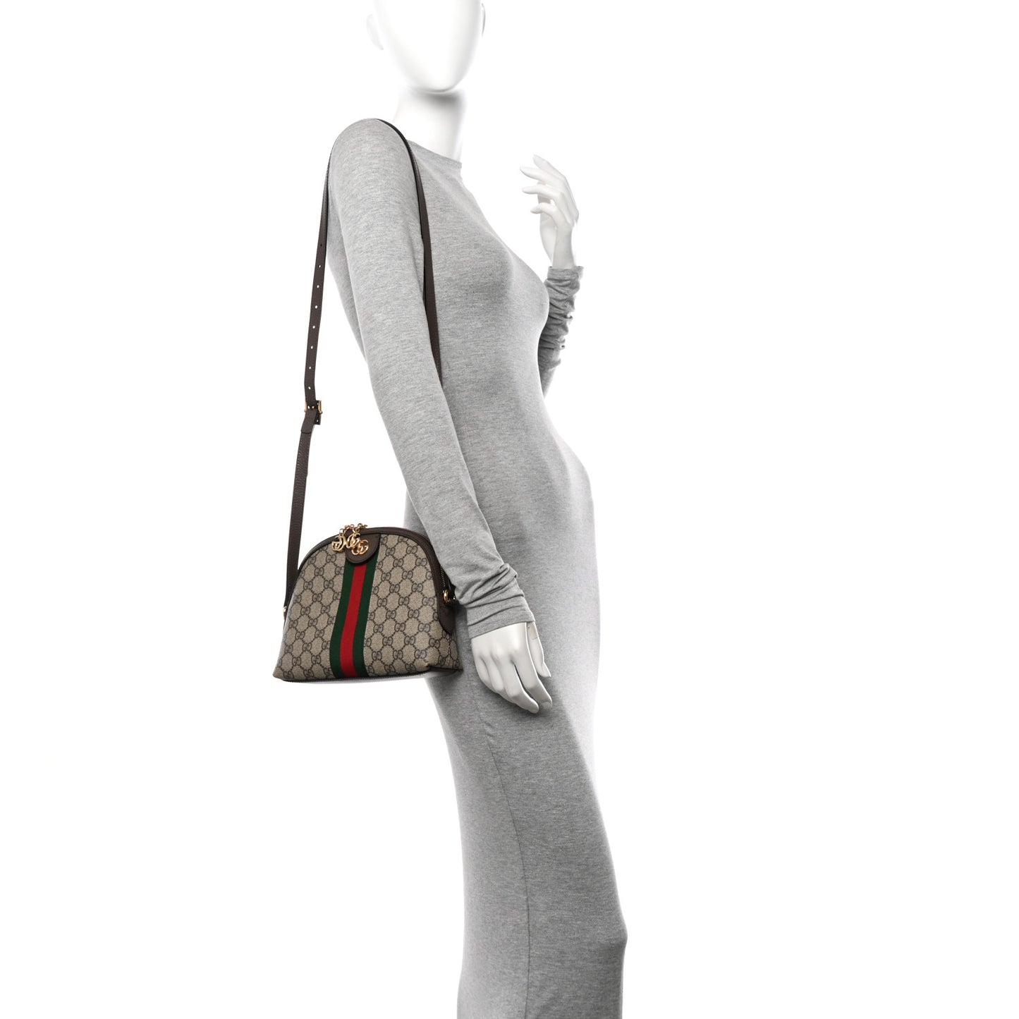 GG Supreme Monogram Textured Dollar Calfskin Web Small Ophidia Dome Shoulder Bag Beige Ebony New Acero
