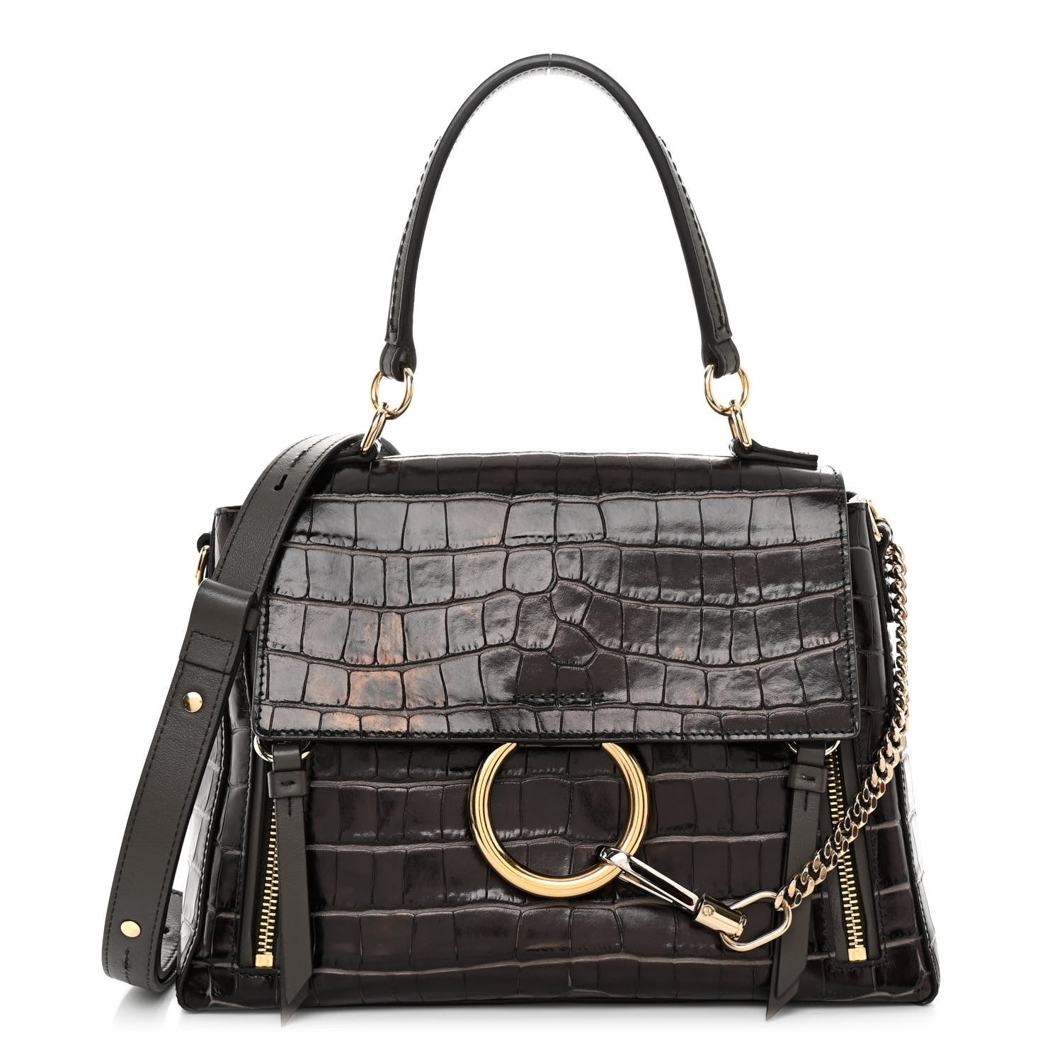 Chloe Calfskin Crocodile Embossed Small Faye Day Shoulder Bag Profound Brown 1 of 10