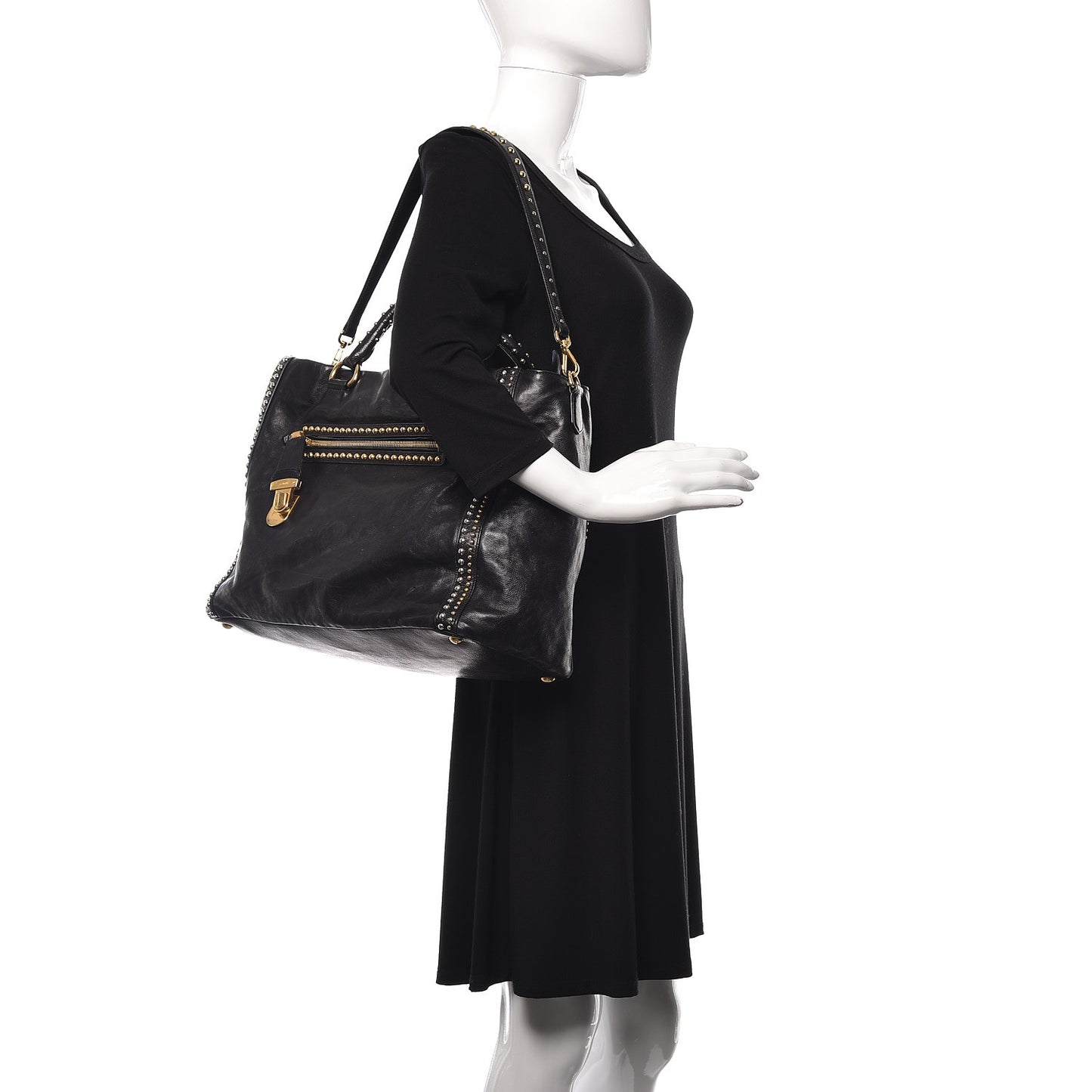 Glace Calfskin Studded Shoulder Bag Black