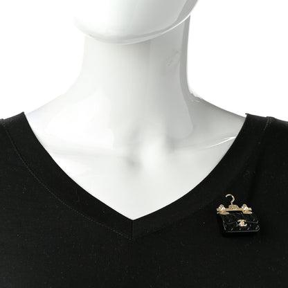 Chanel Metal Enamel Quilted Flap Hanger Brooch Gold Black 2 of 5