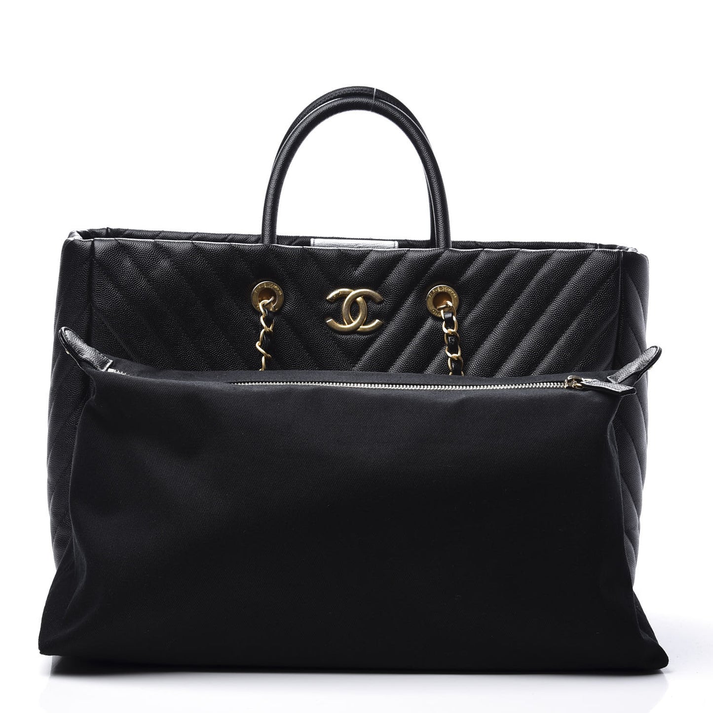 Caviar Chevron Quilted Coco Handle Shopping Tote Black