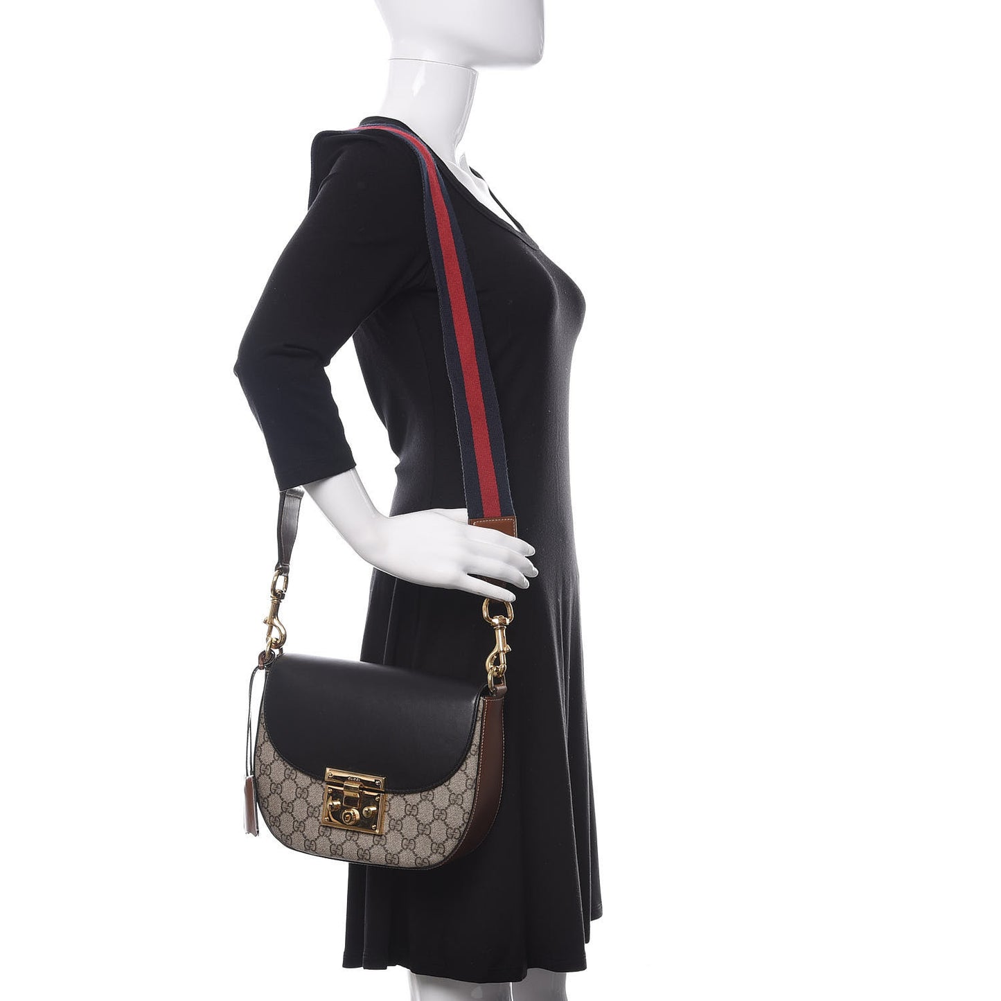 GG Supreme Monogram Web Medium Padlock Messenger Shoulder Bag Black