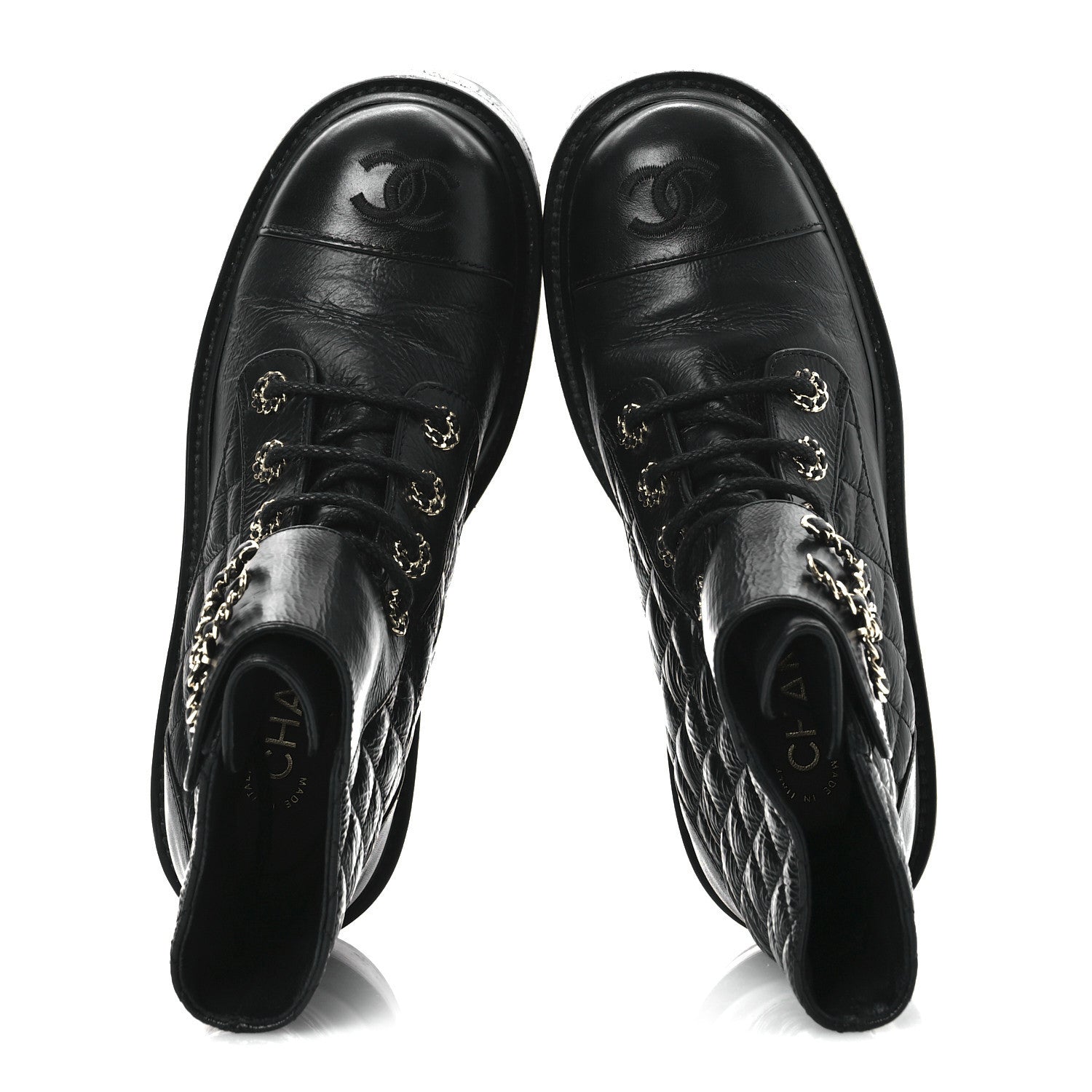Chanel Shiny Goatskin Calfskin Quilted Lace Up Combat Boots 37 Black 2 of 11
