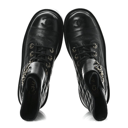 Chanel Shiny Goatskin Calfskin Quilted Lace Up Combat Boots 37 Black 2 of 11