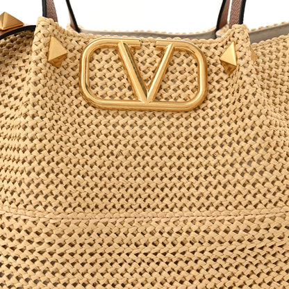 Valentino Garavani Raffia Grained Calfskin Medium Rockstud Vlogo Tote Naturale 8 of 11
