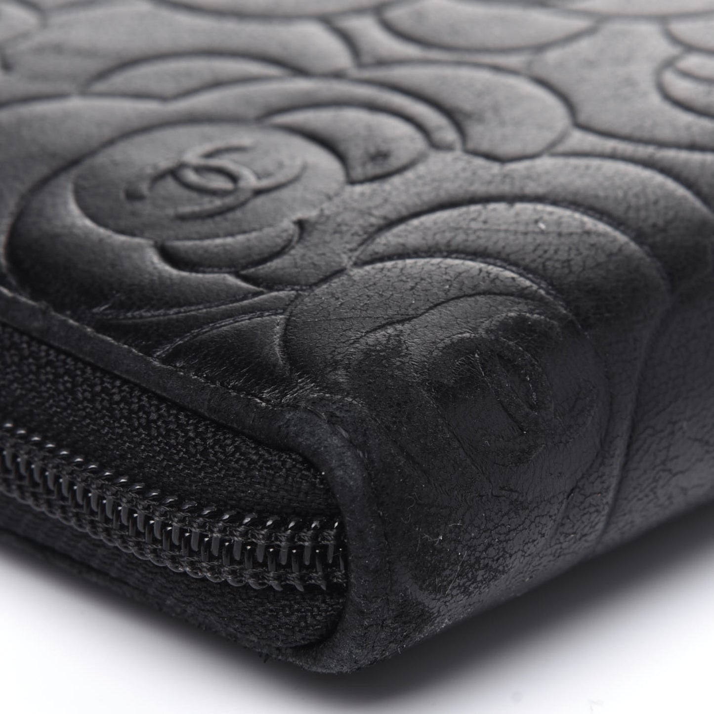 Lambskin Camellia Embossed Large Zip Around Gusset Wallet Black