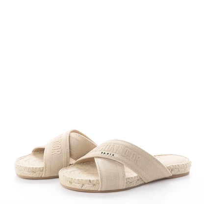 Christian Dior Canvas Embroidered Granville Espadrille Crisscross Flat Slide Sandals 37.5 Cream 3 of 7