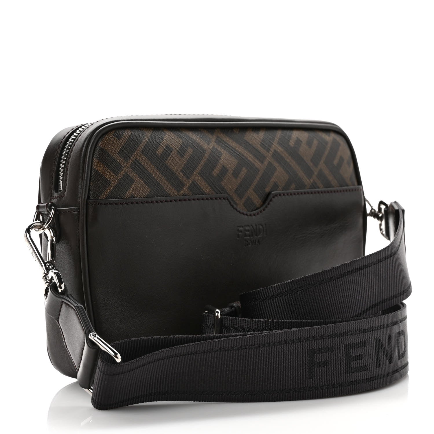 Fendi Shiny Glazed Fabric Vitello Cover FF 1974 Logo Medium Camera Case Tobacco Moro Giallo Ebano 3 of 9