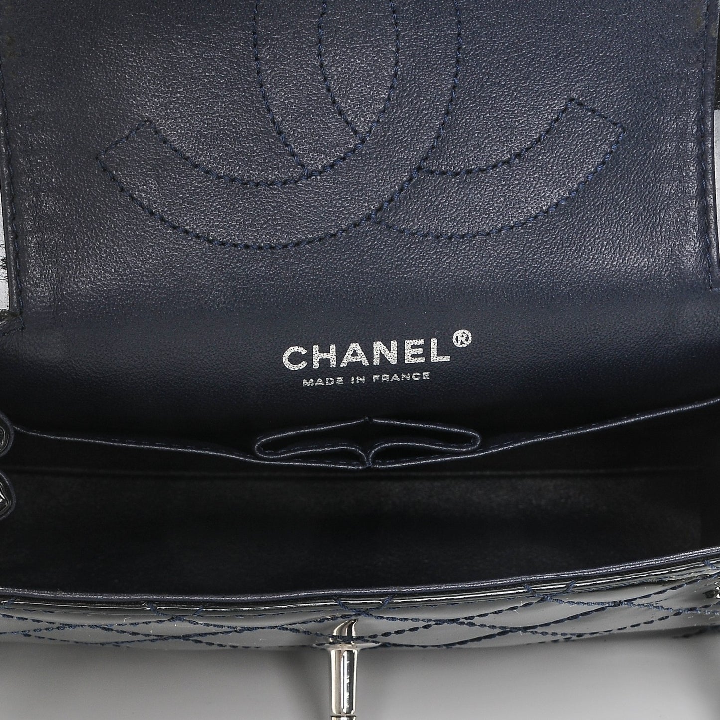 Patent Quilted Accordion Double Flap Navy Blue