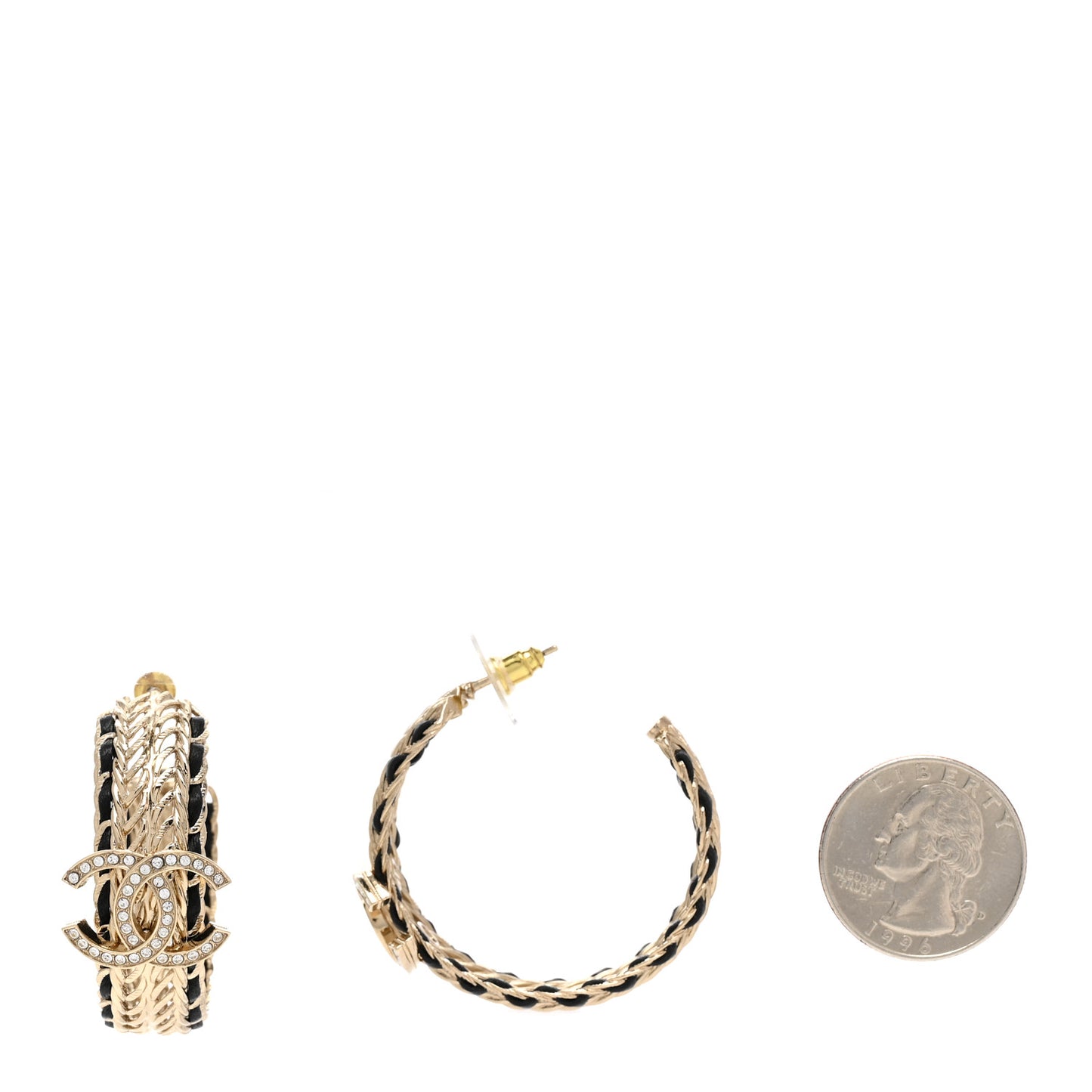 Crystal Lambskin CC Chain Hoop Earrings Gold Black