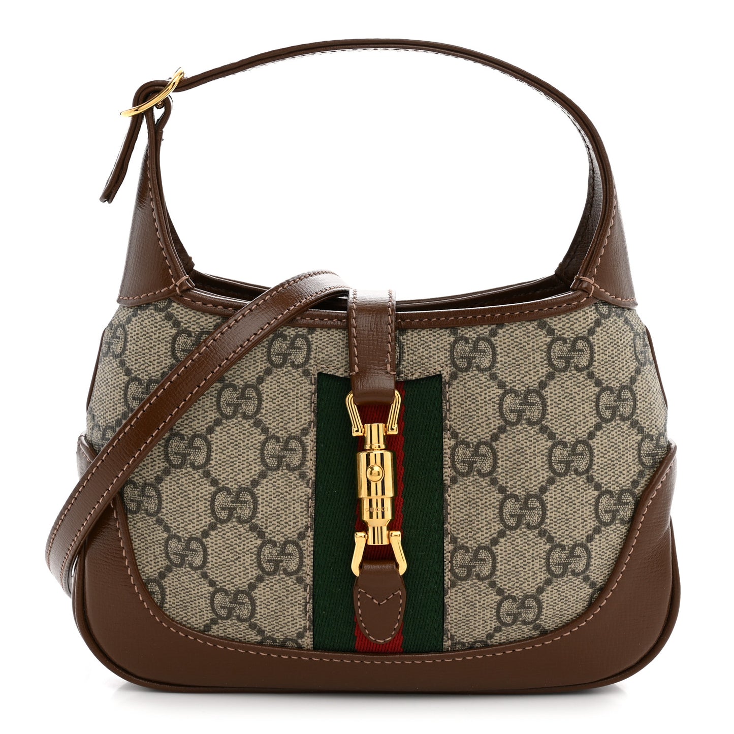 GG Supreme Monogram Azalea Calfskin Web Mini Jackie 1961 Hobo Beige Ebony Brown Sugar