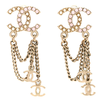 Chanel Pearl Chain CC Drop Earrings Gold Pink 1 of 4