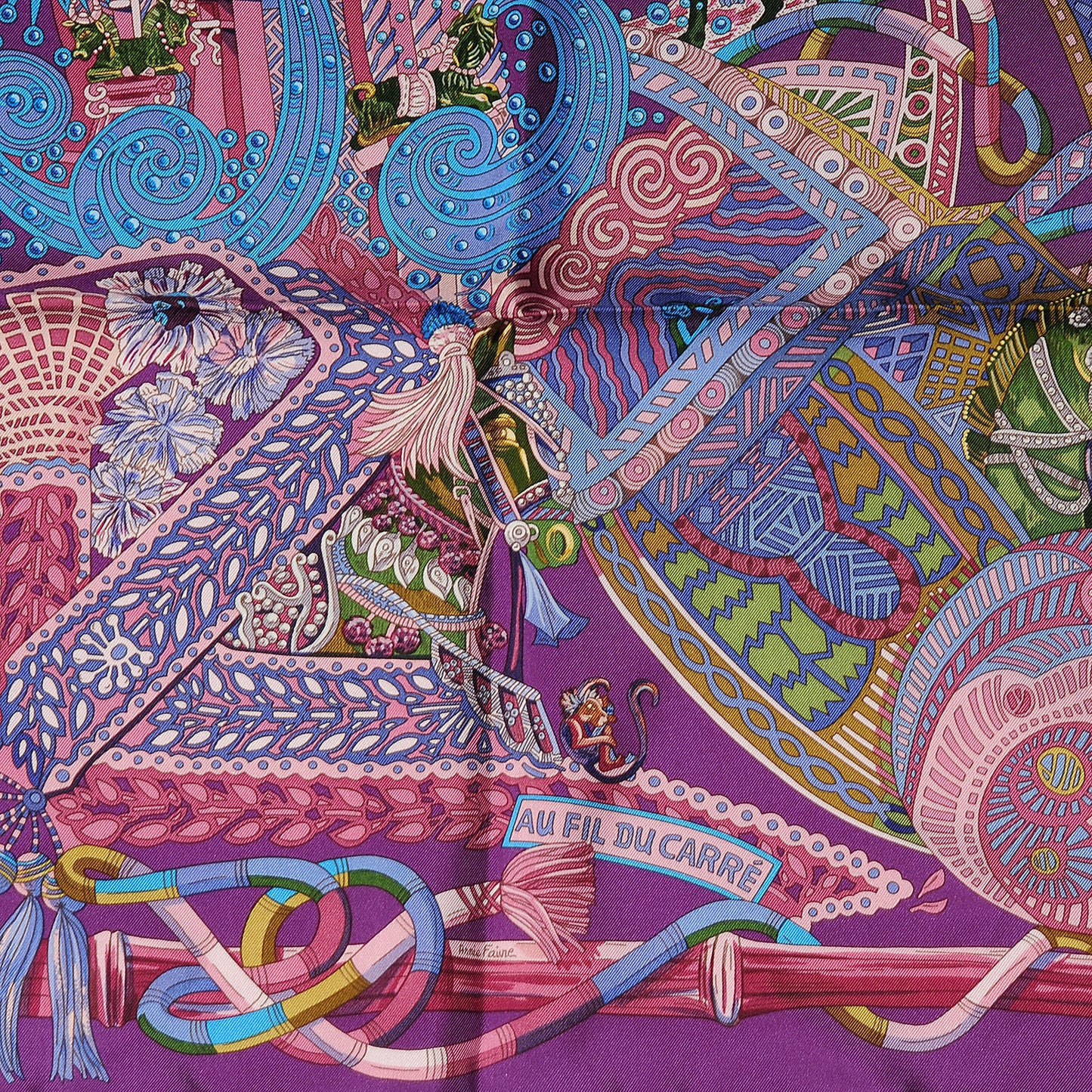 Silk Au Fil Du Carre Scarf 90 Violet Vieux Rose Vert