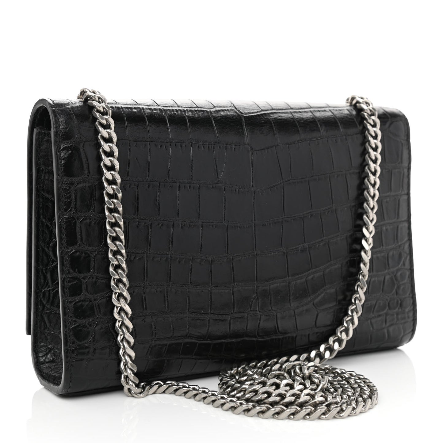 Calfskin Crocodile Embossed Small Classic Monogram Kate Tassel Satchel Black