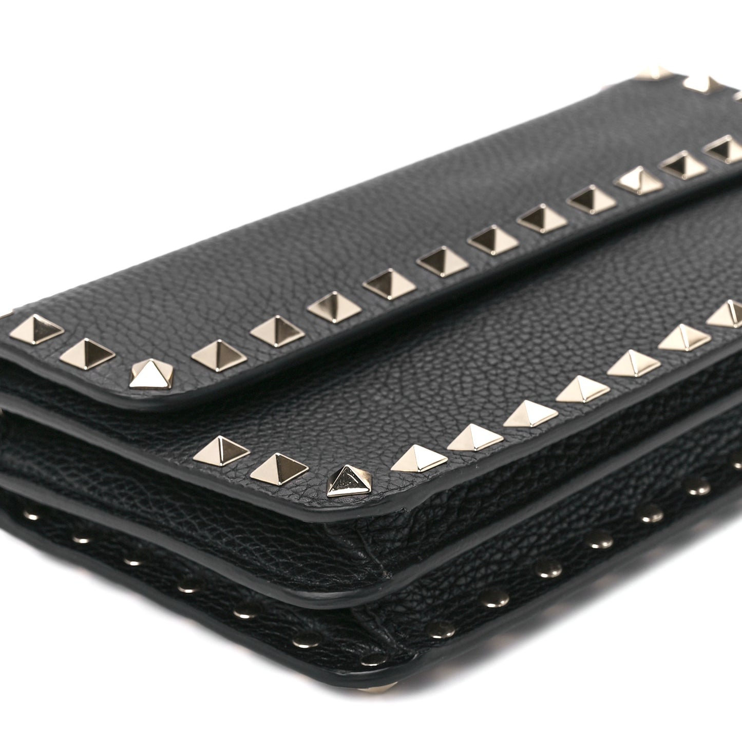 Pebbled Calfskin Rockstud Flap Wallet On Chain Black