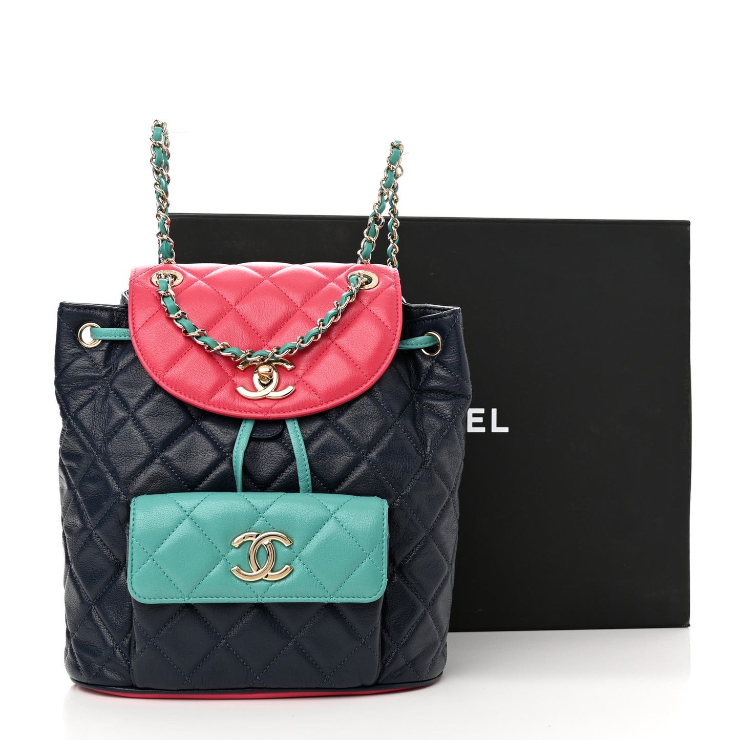 Goatskin Quilted Duma Drawstring Backpack Navy Turquoise Pink