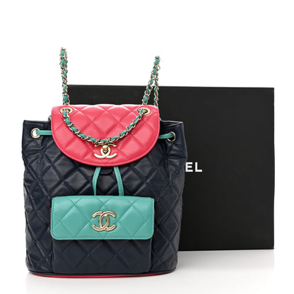 Chanel Goatskin Quilted Duma Drawstring Backpack Navy Turquoise Pink 11 of 11