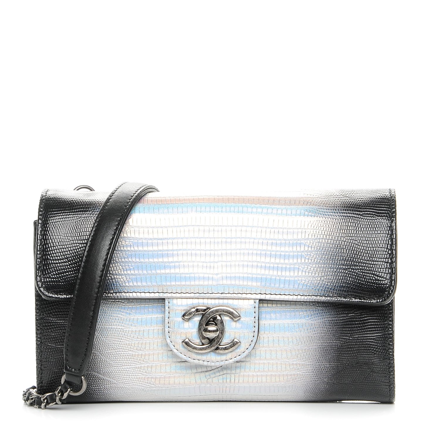 Iridescent Lizard Ombre Clutch with Removable Chain Silver
